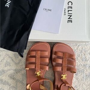 Celine CLEA TRIOMPHE Gladiator Leather Sandals with Gold Details